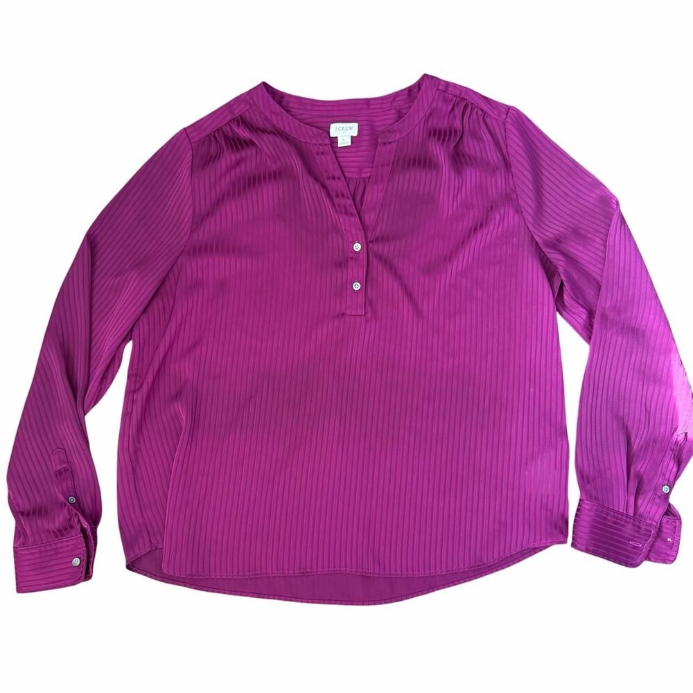 J. Crew Magenta Striped Satin Long Sleeve Popover Blouse Size L